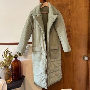 PrettyLittleThing Reversible Maxi Sherpa Puffer Coat Sage Green Women's Small